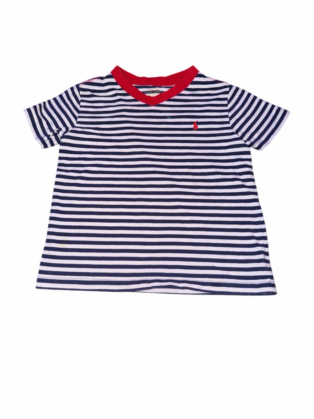 Polo by Ralph Lauren Navy & White Striped V-Neck Tee with Red Trim